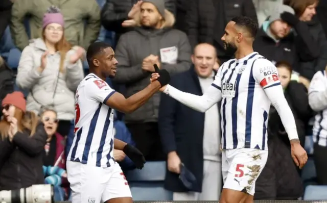 West Bromwich Albion's Jovan Malcolm celebrates scoring their side's second goal with Kyle Bartley