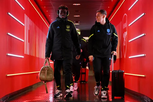 Bukayo Saka and Leandro Trossard of Arsenal arrive