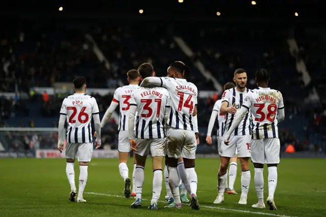 Tom Fellows of West Bromwich Albion celebrates with teammates