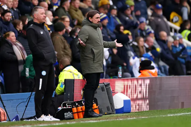 Daniel Farke, Manager of Leeds United, reacts on the touchline