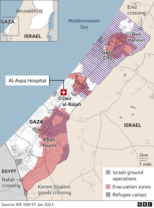 Map showing al-Aqsa Hospital in Gaza Strip