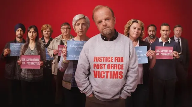 The promotional image of all the actors in ITV's drama about the Post Office scandal