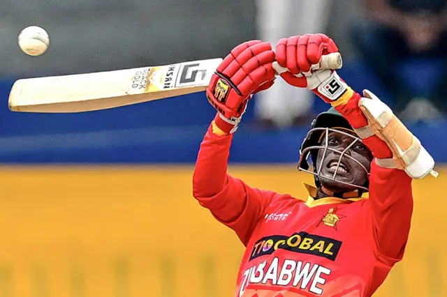 Zimbabwe's Joylord Gumbie plays a shot during the second one-day international (ODI) cricket match between Sri Lanka and Zimbabwe at the R. Premadasa Stadium in Colombo on January 8, 2024.