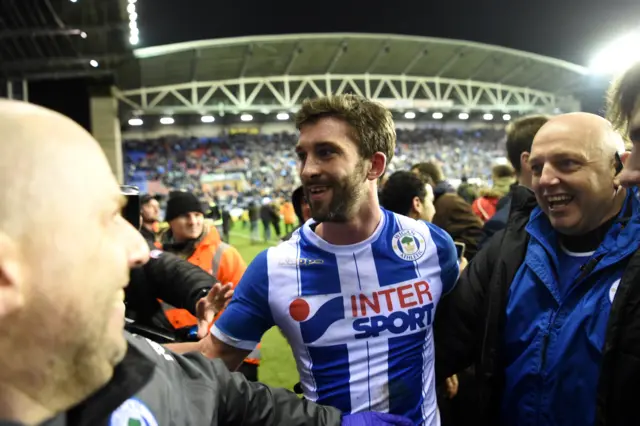 Wigan's Will Grigg celebrates beating Man City in the FA Cup fifth round in 2018