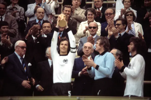 Franz Beckenbauer lifts the 197 World Cup for West Germany