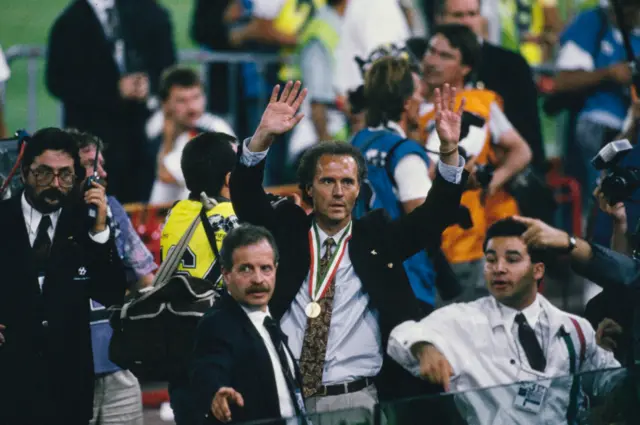 Franz Beckenbauer celebrates winning the 1990 World Cup