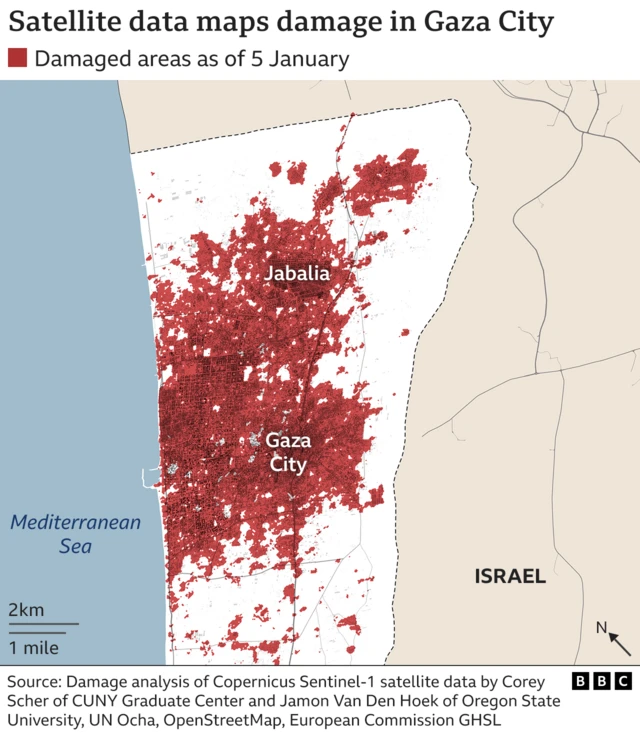 A map shows red shading where damage has been recorded in northern Gaza.