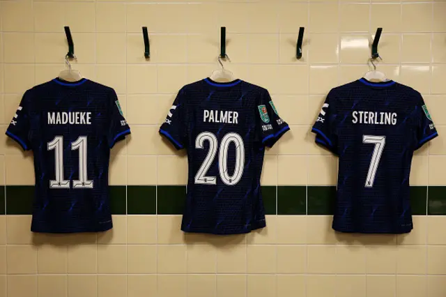 A detailed view of of the match shirts of Noni Madueke, Cole Palmer and Raheem Sterling