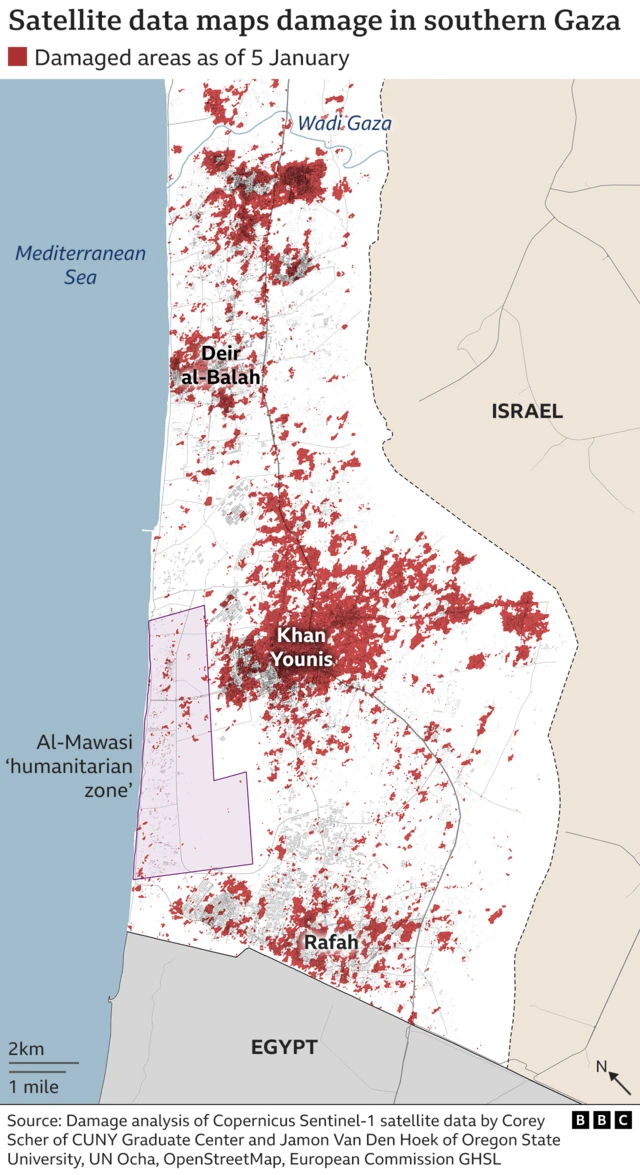 A map shows red shading where damage has been recorded in southern Gaza.