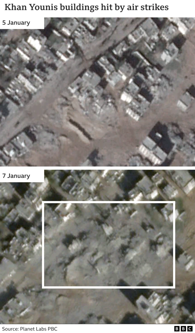 A before and after satellite image of buildings hit by air strikes. The first image is from 5 January and the second from 7 January.