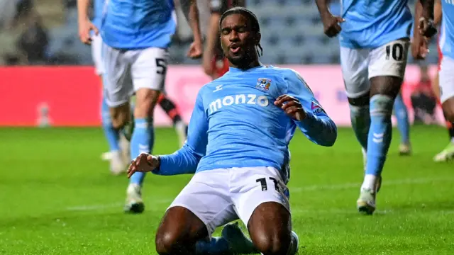 Haji Wright celebrating scoring for Coventry