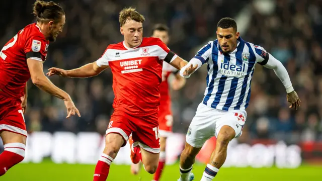 West Brom's Karlan Grant takes on the Middlesbrough defence