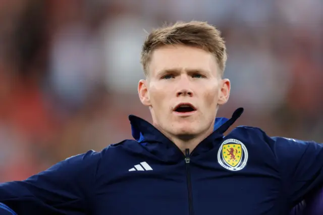 Scott McTominay of Scotland during the national anthem during the UEFA Nations league match between Portugal v Scotland at the Estadio Da Luz on September 8, 2024 in Lisbon Portugal