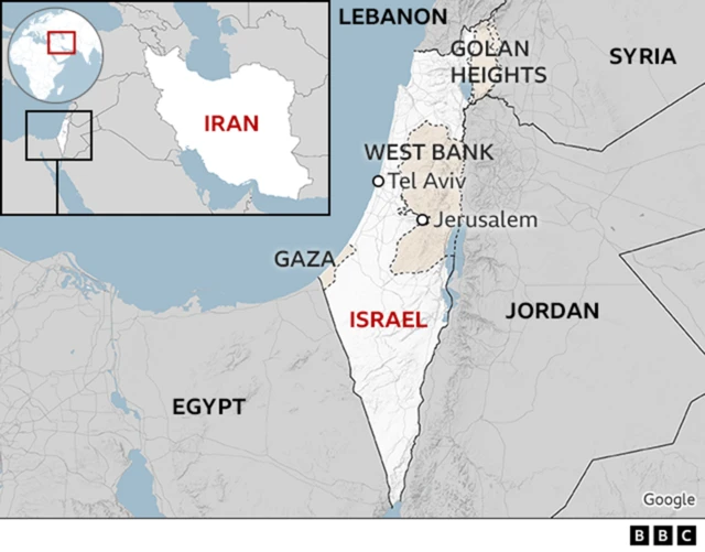 Map showing Iran and Israel