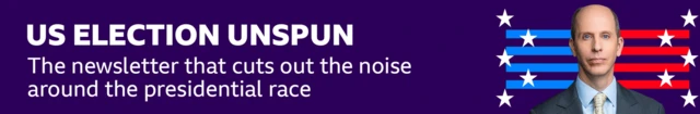 Thin, dark blue banner promoting the US Election Unspun newsletter with text that says it is: "The newsletter that cuts out the noise around the presidential race". There is also a striped red and blue graphic with white stars and a headshot of Anthony Zurcher.