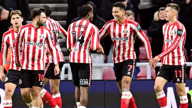 Sunderland players celebrate Jobe Bellingham's goal against Derby