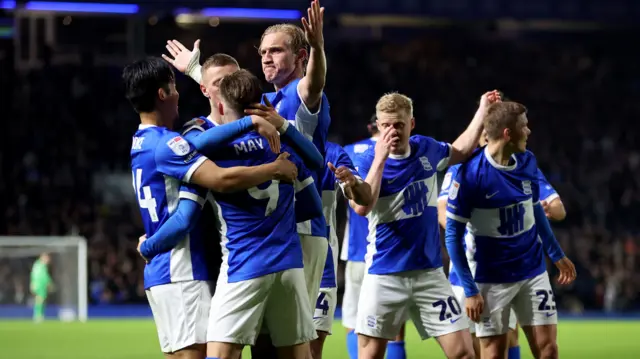 Birmingham celebrate Alfie May's goal against Huddersfield