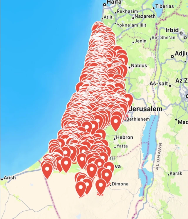 A map with red markers showing the locations of the alerts