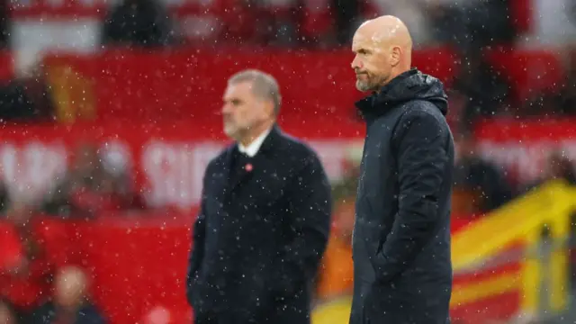 Erik ten Hag, Manager of Manchester United, reacts during the Premier League match between Manchester United FC and Tottenham Hotspur FC at Old Trafford on September 29, 2024 in Manchester, England.