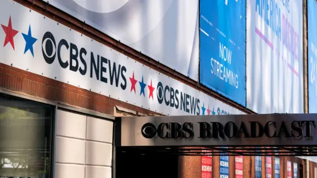 A view of the front of CBS' Manhattan HQ, with VP debate signage on display