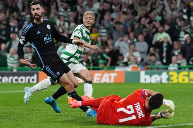 Celtic celebrate scoring against Slovan Bratislava