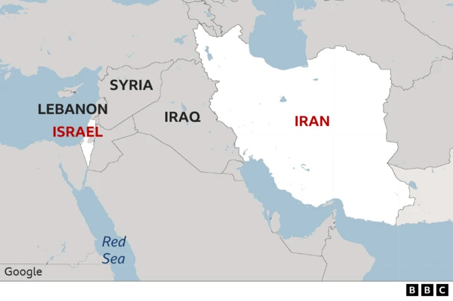 Map showing Iran and Israel