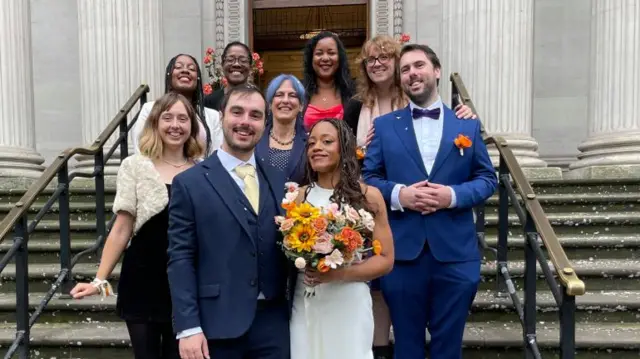 Natasha Whittier and Connor Lynch after getting married at Old Marylebone Town Hall