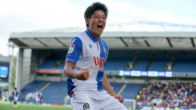 Blackburn striker Yuki Ohashi celebrating scoring a goal