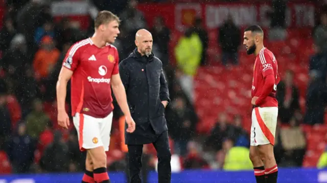 Erik ten Hag, Manager of Manchester United, reacts after the Premier League match between Manchester United FC and Tottenham Hotspur FC at Old Trafford on September 29, 2024 in Manchester, England.