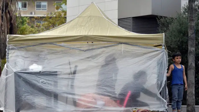 A displaced family in a tent in west Beirut