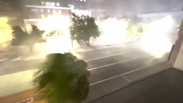 Long shot of trees bending because of strong winds and heavy rain