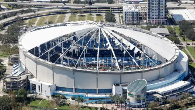 An aerial view shows the damaged Tropicana Field, home of the Tampa Bay Rays, in the aftermath of Hurricane Milton
