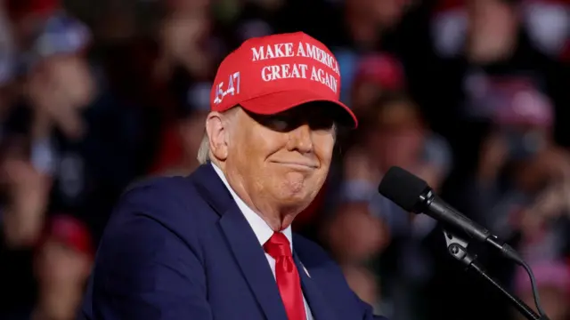 Trump, wearing a Maga hat, smirks as he addresses a crowd in Wisconsin