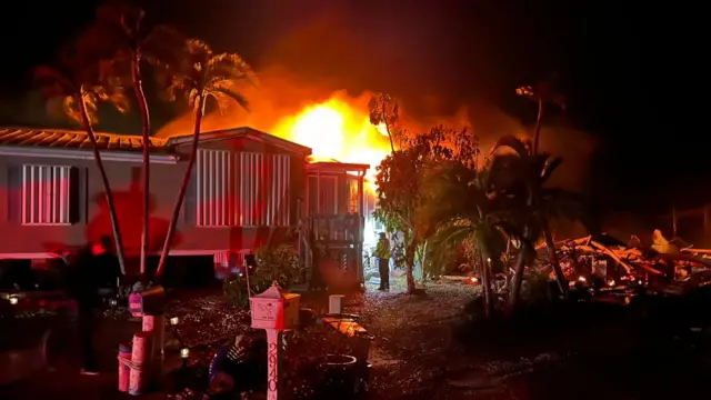 Building surrounded by palm trees with huge flames coming from it