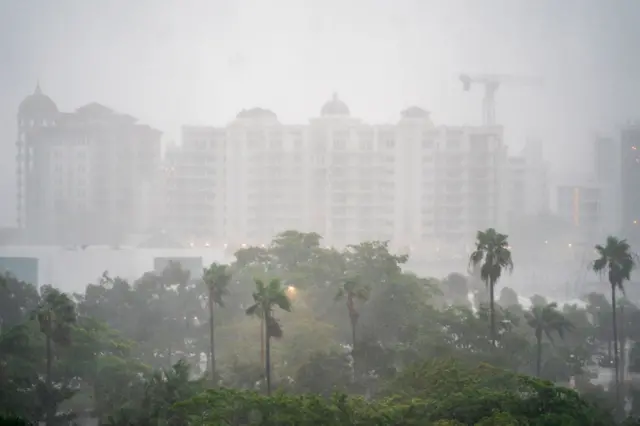 A wide shot of a large building with a crane behind it. The picture is greyed as a result of the rain, there are several trees in the foreground.