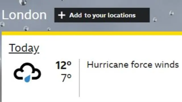 Screengrab from the BBC Weather website incorrectly shwoing hurricane force winds in London