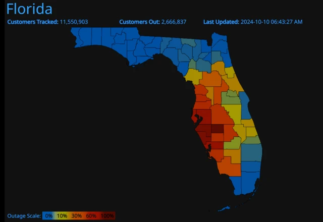 Map showing homes without power across Florida