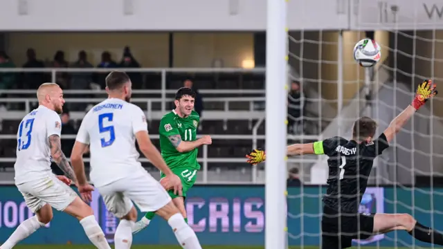 Robbie Brady rifles into the Finland net to give Republic of Ireland a late lead