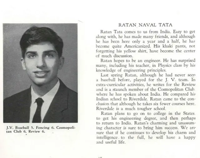 Ratan Tata's yearbook photo from Riverdale Country School in New York City in 1955