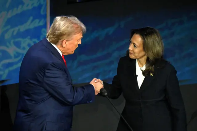 Kamala Harris (Right) shakes hands with Donald Trump before the debate in Philadelphia, Pennsylvania, on 10 September