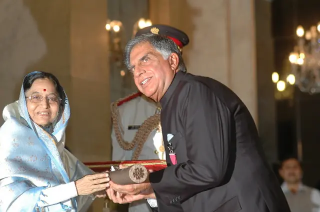 President Pratibha Patil presenting the Padma Vibhushan, a Civilian Honour to Ratan Tata, industrialist and former chairman of Tata Sons, at the Rashtrapati Bhavan on May 10, 2008