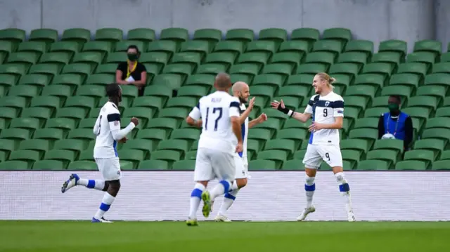 Finland celebrate scoring against the Republic of Ireland in 2020