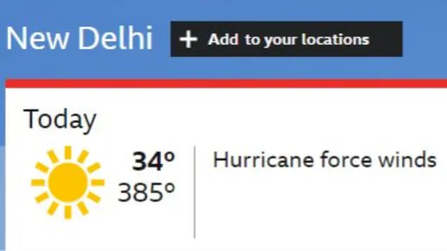 Screengrab of the BBC Weather website showing an incorrect forecast for New Delhi. There is a blue background with a white box on it. Showing an incorrect temperature of 385f (196c) and hurricane force winds.