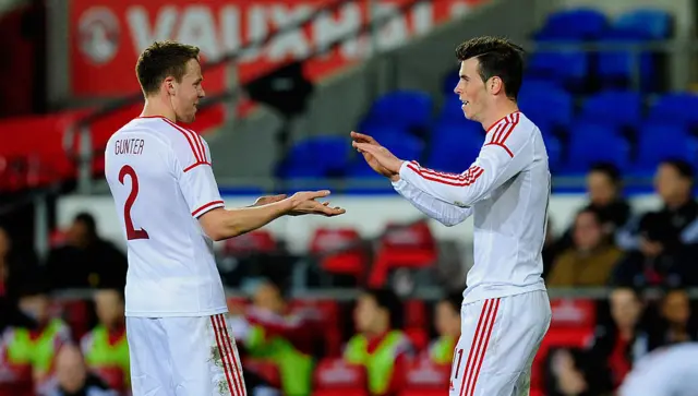 Gareth Bale celebrates with Chris Gunter