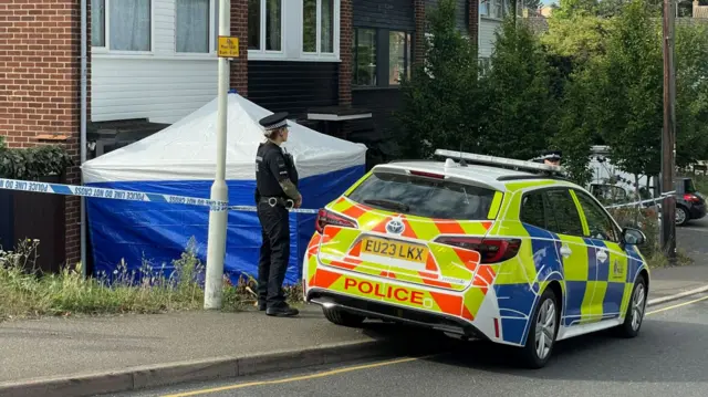 A police officer standing next to a police car. They are in front of the cordoned off McCullough property on Pump Hill, which is a three-storey home.