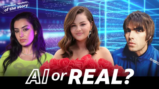 Charli XCX, Selena Gomez and Liam Gallagher in front of computer imagery
