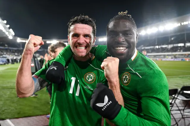 Robbie Brady celebrates with Festy Ebosele