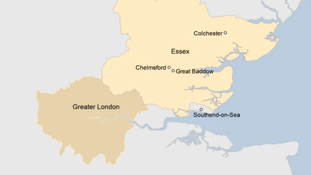 Map showing Great Baddow in Essex, in relation to Chelmsford, London. Southend and Colchester also marked on the map.