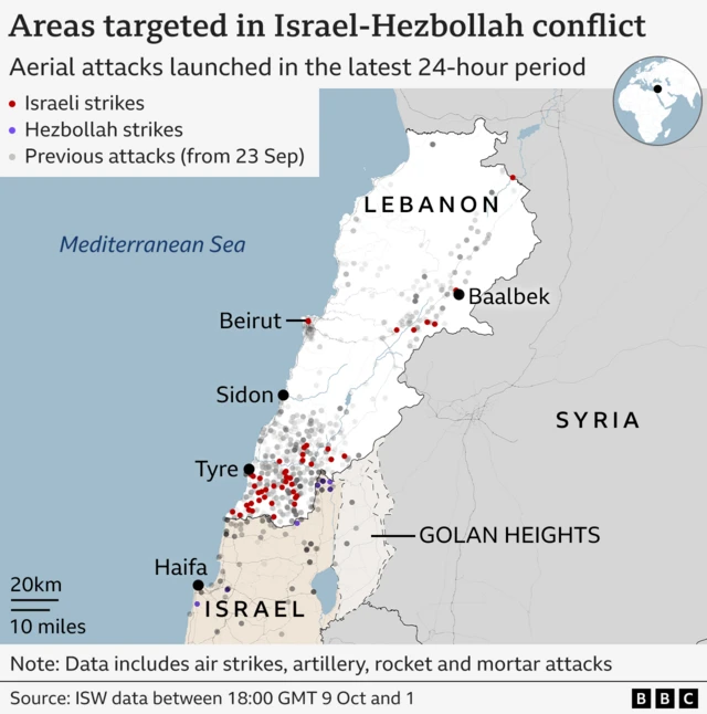 Map showing areas targeted in Israel-Hezbollah conflict