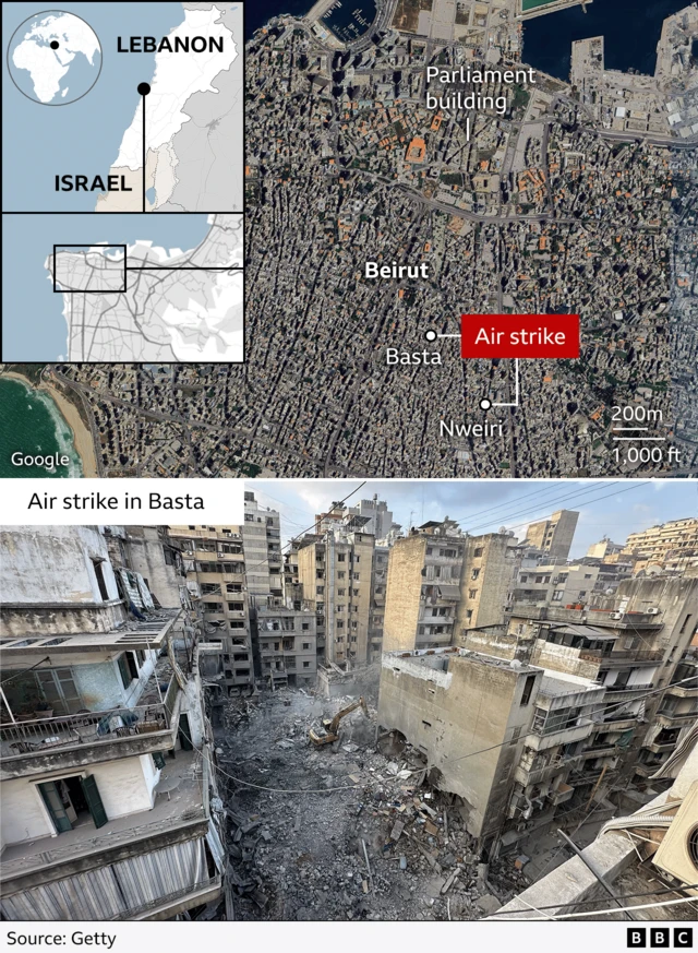 Map and picture showing neighbourhoods in Beirut hit by Israeli air strikes